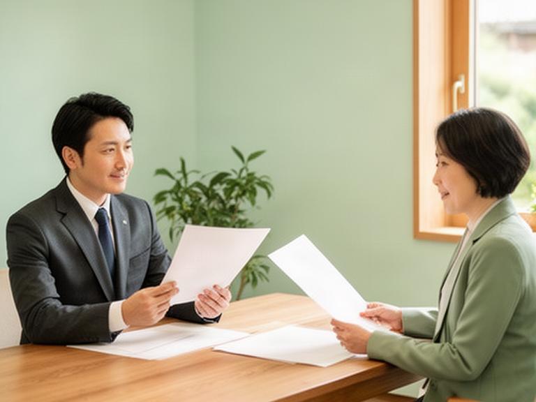 金沢の落ち着いた相談室で資料を見ながら話す相談員と来訪者