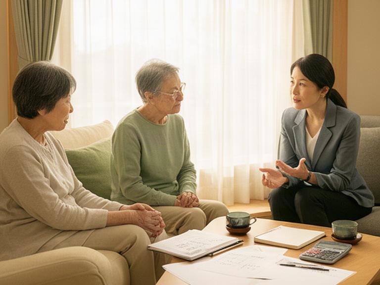 窓辺で老後の生活費と年金予定を確認する夫婦の落ち着いた相談風景