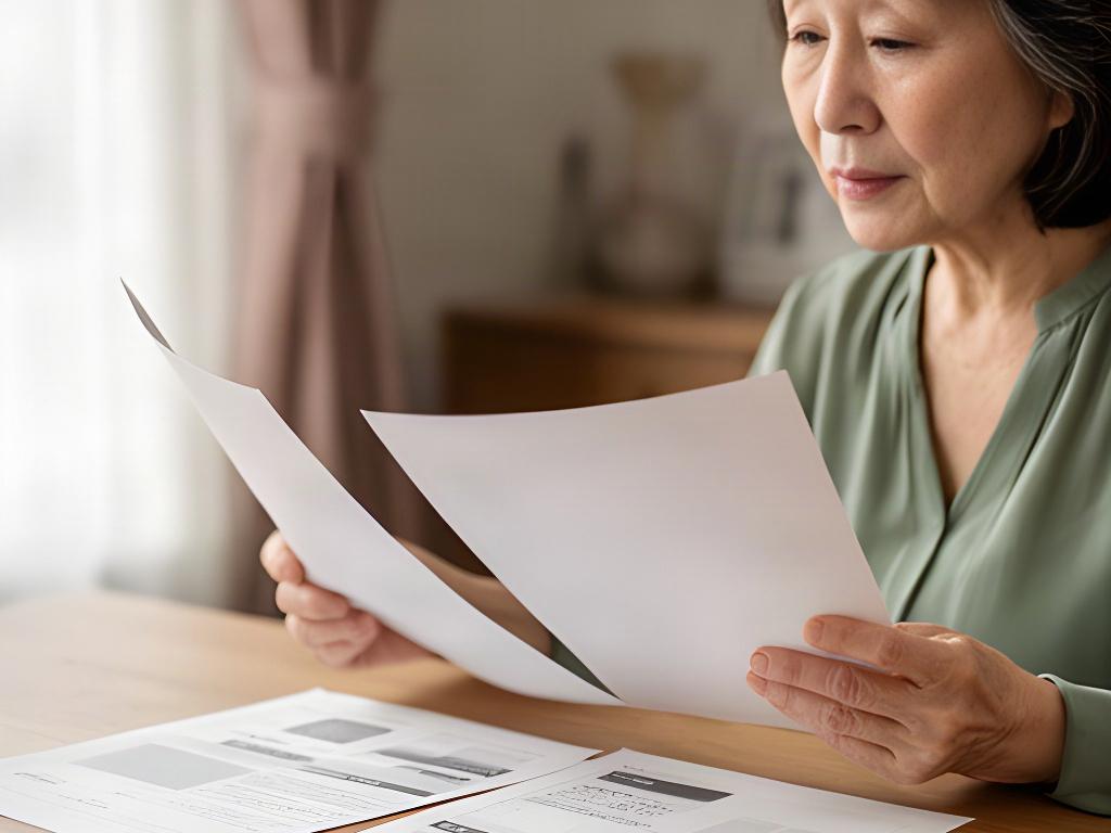 年金の資料を見ながら将来の受給額を確認するシニア世代の女性