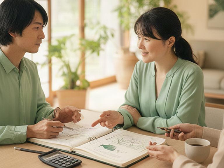 金沢の明るい相談室で家計表を見ながら将来計画を話す相談者と担当者