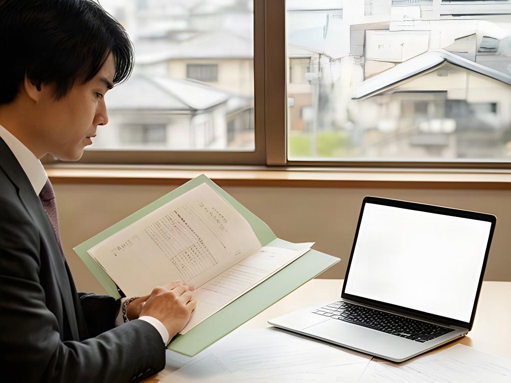 金沢の窓辺で投資資料を確認する相談員とノートパソコン