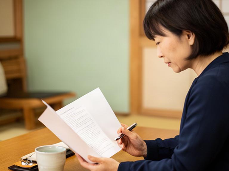 金沢の相談室で利用規約の冊子を読み進める人物と筆記具