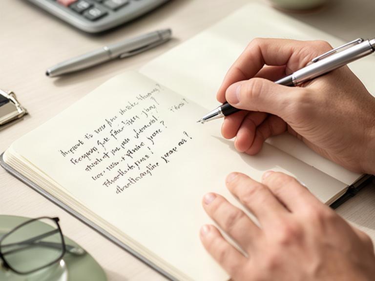 ノートに質問を書き込みながら相談内容を確認する手元