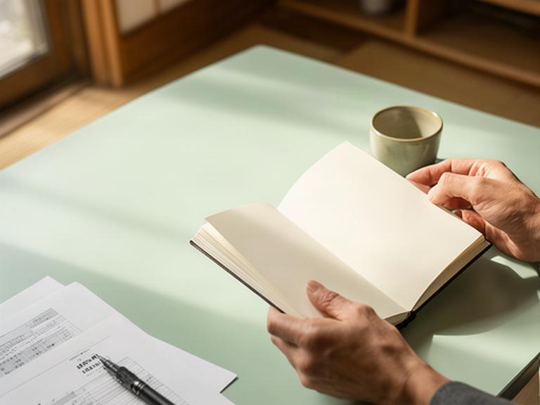 朝の光が差す金沢の住まいで家計ノートを開き積立計画を確認する手元