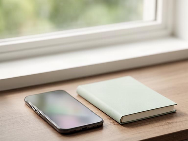 窓辺の机に置かれたスマートフォンと相談予約のノート