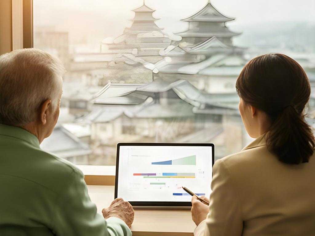 金沢の街並みを背景に将来設計のグラフを確認する相談者