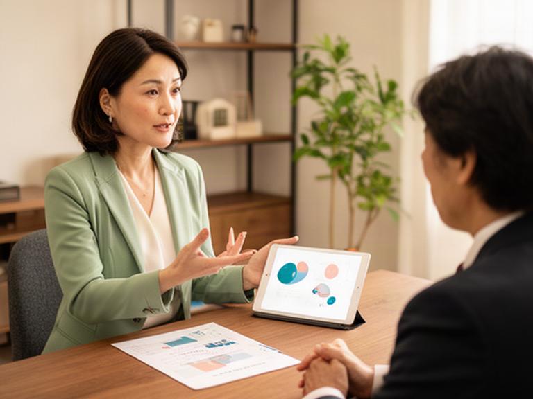 相談者と向き合い資産計画を説明する女性プランナーの姿