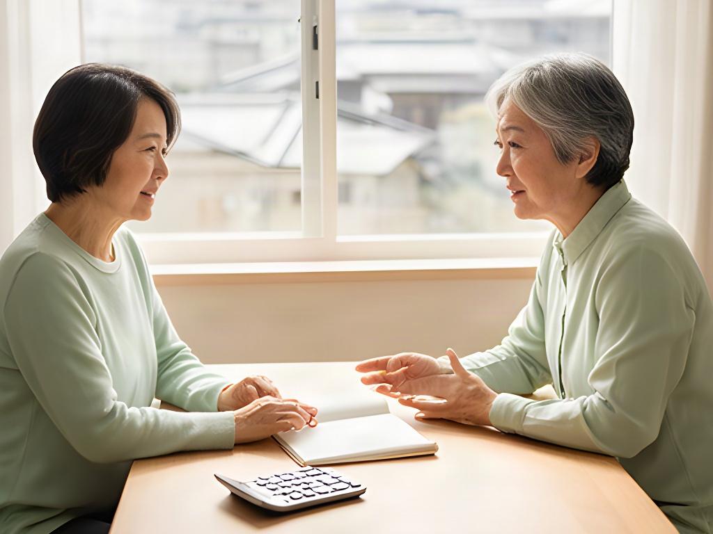 金沢の明るい窓辺で老後の資金計画を話し合う夫婦とノート