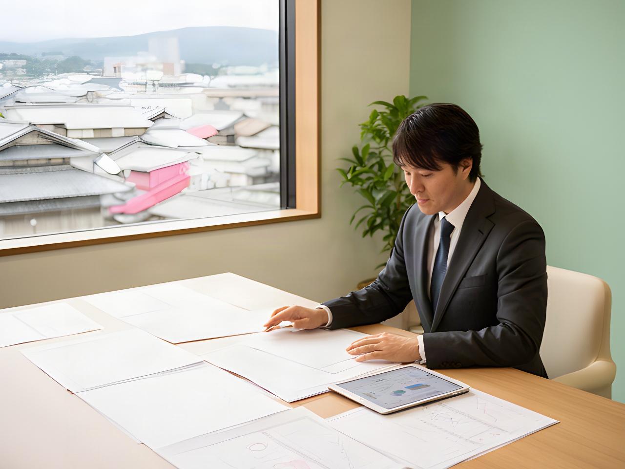 金沢の町並みを望む相談室で資料を広げる金融アドバイザー