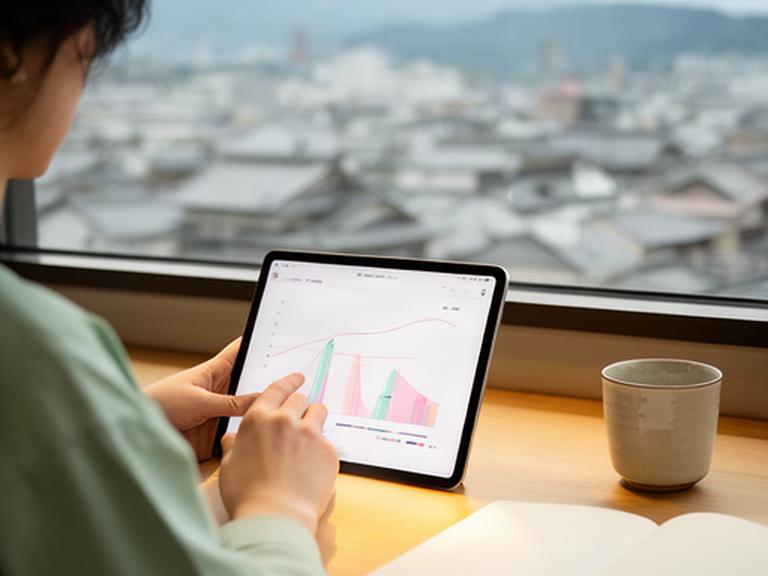 金沢の街並みを背景に資産形成の記録と積立実績を確認するタブレット画面